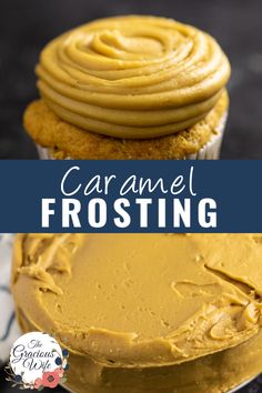 a close up of a cupcake with frosting on top and the words caramel frosting above it