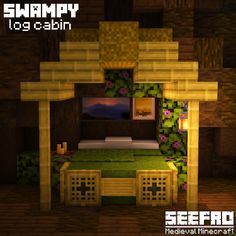 an image of a bed in a minecraft bedroom with the text, swampy log cabin