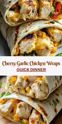 the chicken wrap is cut in half and stacked on top of each other with cheese