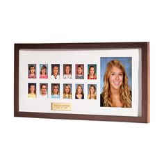 a woman's face is framed in a wooden frame with photos on the wall