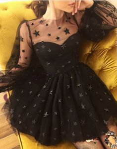 Sexy Long Sleeve Sheer Neck Stars Short Prom Dress,Mini Homecoming Dress on Storenvy Starry Dress, Black Prom Dress Short, Long Sleeve Homecoming Dresses, Black Homecoming Dress, Mini Homecoming Dresses, Afrikaanse Mode, Tulle Homecoming Dress, Black Lace Shorts, Black Prom Dress