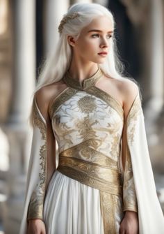 White Gold Fantasy Dress, Targaryen Clothing Aesthetic, Targaryen Dress Design, White Warrior Outfit, Targaryen Outfit, Targaryen Clothes, Targaryen Dress, Game Of Thrones Dress, Prince Clothes