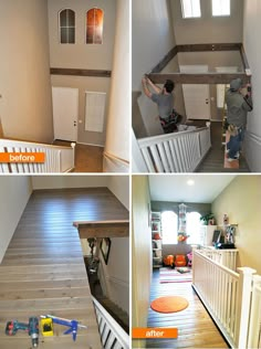 three pictures of the inside of a house with stairs and man working on the ceiling