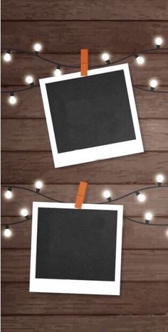 two polaroid frames hanging from string lights on wooden planks with white and orange clips