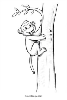 A playful sketch of a smiling monkey climbing a tree, holding on to the trunk. Climbing A Tree, Drawing Ideas, Easy Drawings