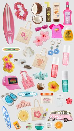 a bunch of different items that are on a white surface with the words summer written below them