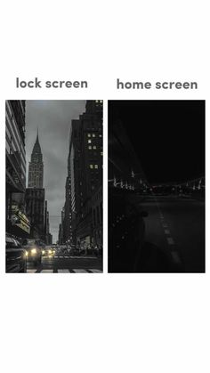 an image of a city at night with the words lock screen home screen on it