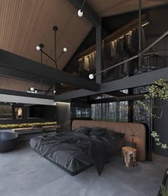 a large bed sitting in the middle of a bedroom next to a tall wooden ceiling