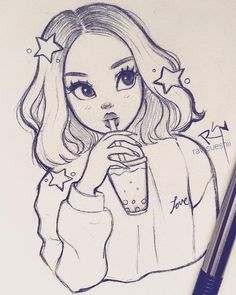 a drawing of a girl drinking from a cup with stars on her head and holding a drink in her hand