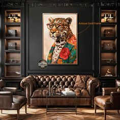 a living room filled with furniture and a leopard painting on the wall above it's head