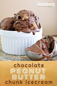 chocolate peanut butter chunk ice cream in a bowl