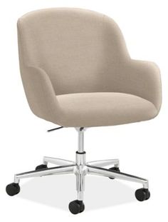 an office chair with wheels and a beige upholstered seat, viewed from the front