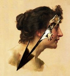 a painting of a woman with an arrow in her hair and a bird on her head