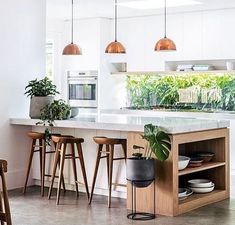 a kitchen with an island and stools in the center, surrounded by potted plants