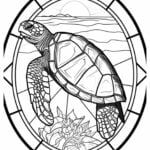 a drawing of a turtle in a stained glass window with water and plants around it