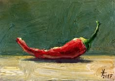 a painting of a red pepper on a green background