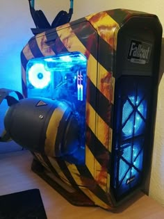 a computer case sitting on top of a wooden table