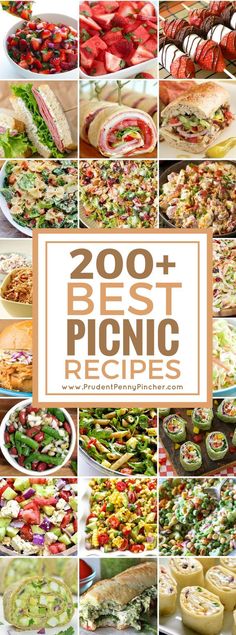 a collage of photos showing different types of food and the words, 200 + best picnic recipes