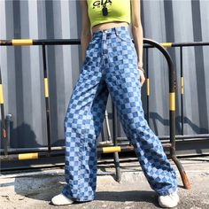 *Free Shipping*CHECKERBOARD DENIM JEANS sold by OCEAN KAWAII on Storenvy Pants Grunge, Grunge Shorts, Hip Hop Pants, Baby Tees Y2k, Jean Large, Fall Jeans, Y2k Aesthetic Outfits, Grunge Look, Blue Checkered