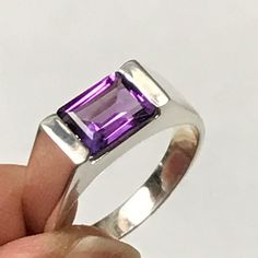 Genuine 2ct Purple Amethyst 925 Solid Sterling Silver Men's Ring Size 7, 8, 9, 10, 11, 12, 13 - Natural Rocks by Kala Mens Gemstone Rings, Amethyst Ring Engagement, Ring Man, Mens Ring Sizes, Purple Amethyst Ring, Handmade Engagement Rings, Sterling Silver Mens Rings, Emerald Cut Rings, Amethyst Jewelry