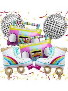 three colorful roller skates with boomboxes and confetti