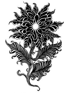 a black and white drawing of a flower with swirls on the petals, in an ornate