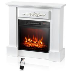 an electric fireplace with the remote control on it