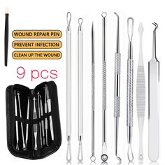 9 PCS Blackhead Acne Tool Kit           Features:       9 pcs Professional High Quality Pushers and Pimple Extractors for Removing Blackheads, Whiteheads,Pimples and Blemishes.         · All Extractors are used for deep pushing of blackheads and whiteheads etc.         · Double Looped Tools, Needle Extractor Tool, Cone dome Extractor Tool and Extractors for every Size and Shape of Blackheads.         · It is Easy to travel kit with leather case.         · High quality tools for professional usag Pimple Remover Tool, Acne Tool, Pimple Popper Tool, Pimple Extractor, Removing Blackheads, Comedone Extractor, Blackhead Remover Tool, Extractor Tool, How To Remove Pimples