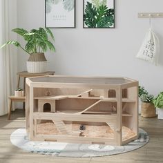 a living room with a cat house and plants