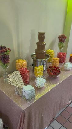 Let loose the tempting sensation of a chocolate fountain at your celebration, assured to captivate. Party Snack Table, Sweet 16 Party Planning, Quince Decor, Sweet 16 Party Decorations, Wedding Snacks, Dessert Table Birthday, Sweet Sixteen Birthday Party Ideas, Birthday Snacks