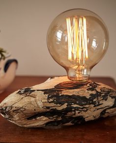 a light bulb sitting on top of a wooden table next to a potted plant