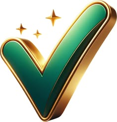 a green and gold check mark with five stars on it's back side, in the shape of a v