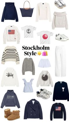 an assortment of clothing and shoes with the words stockholm style