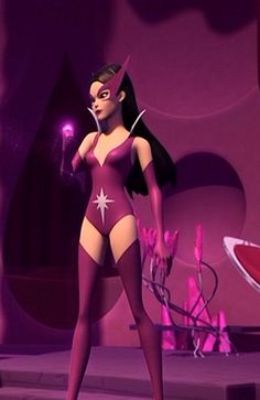 an animated woman in a purple costume