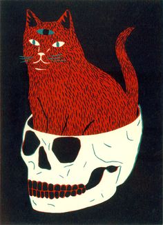 a cat sitting on top of a skull with its head in the shape of a cat