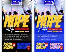 two vertical banners with the words hope and worship