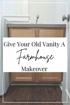 a white refrigerator freezer sitting inside of a kitchen next to a counter top with the words give your old vanity a farmhouse makeover