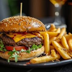 a cheeseburger and fries on a black plate