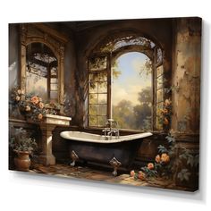 an old fashioned bathtub with roses on the floor and windows in the wall behind it