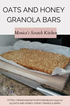 an image of oats and honey granola bars on a cutting board next to a knife