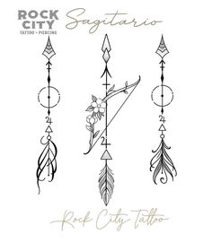 the rock city tattoo design is shown in black and white, with arrows on it