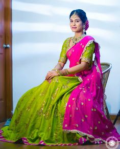 Pink Combination Lehenga, Green And Pink Combination, Green Lehengas, Mrunalini Rao, Contrast Dupatta, Pink Combination, Ikkat Dresses