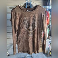 Women's Long Sleeve Tee Shirt. Great For Riding Or Just Wearing Every Day. Has An Eagle On The Front And Roses On The Sleeves. Brown In Color. From Jack's Custom Cycles In South Carolina Custom Cycles, Long Sleeve Tee Shirt, An Eagle, Long Sleeve Tee Shirts, Womens Long Sleeve Shirts, Long Sleeve Tees Women, Movie T Shirts, Brown Fashion, Long Sleeve Tee