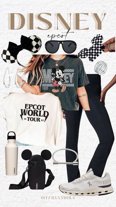 a collage of various items including sunglasses, t - shirt and mickey mouse ears