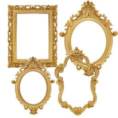 three gold frames with ornate designs on the front and back, all in different sizes