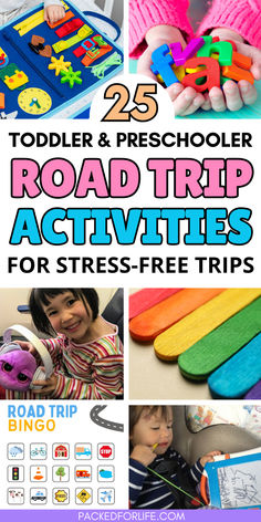 Six Road trip activities for toddlers and preachoolers; road trip bingo, busy book. magnetic letters, rainbow popsicle sticks, magnetic drawing board, headphones. Preschool Road Trip Activities, Road Trip Activities For Toddlers, Activites For Toddlers, Toddler Road Trip Activities, Road Trip Ideas For Kids, Car Trip Activities, Kid Road Trip Activities, Road Trip Activity Book, Toddler Road Trip