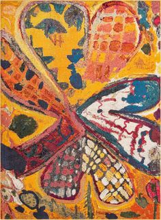 an abstract painting with many different colors and patterns on it's surface, including a butterfly