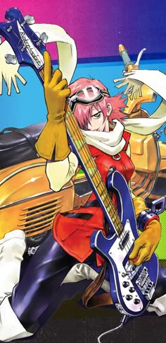 an anime character holding a guitar in his right hand