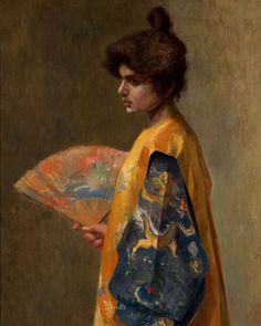 a painting of a woman in a kimono holding a fan and looking off into the distance