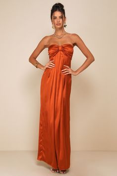 Memorable Entrance Rust Orange Strapless Satin Maxi Dress Burnt Orange Wedding Guest Dress, Orange Bridesmaids Dress, Burnt Orange Satin Dress, Rust Orange Dress, Az Wedding, Orange Bridesmaid, Orange Bridesmaid Dresses, Lulus Dresses, Guest Attire